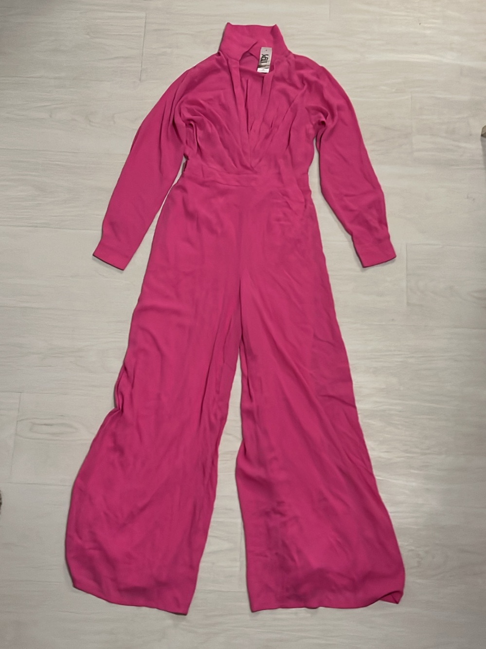 Long-Sleeve Fuchsia Plunge V-Neck Wide-Leg Jumpsuit